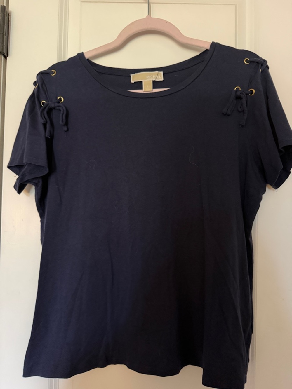 MICHAEL Michael Kors Navy Short Sleeve Tee with Lace-Up Shoulder